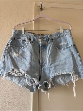 Light Blue Distressed High-Waist Denim Shorts